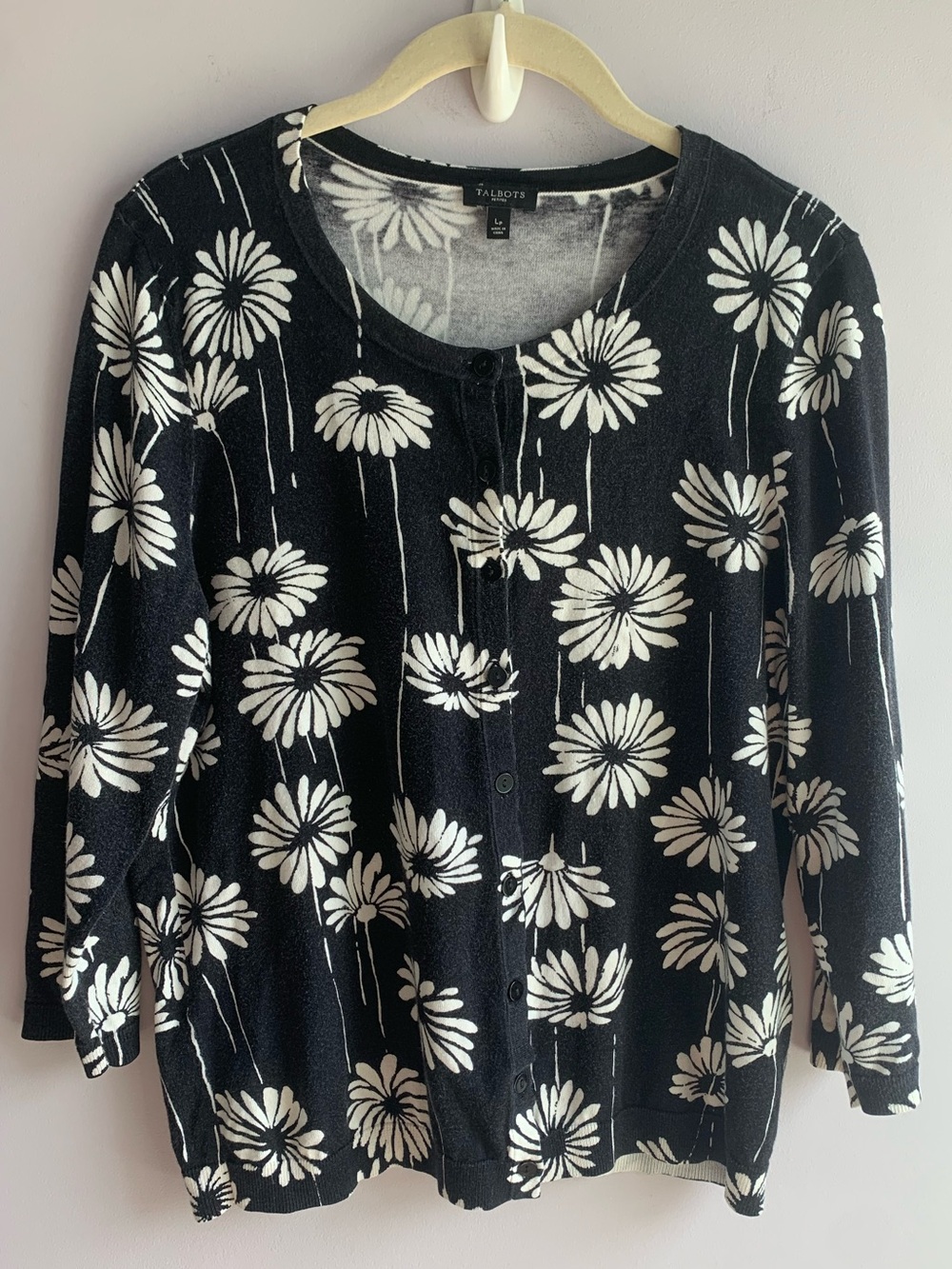 Talbots Cardigan Button Front 3/4 Sleeve Black White Daisy Floral Office EUC L P